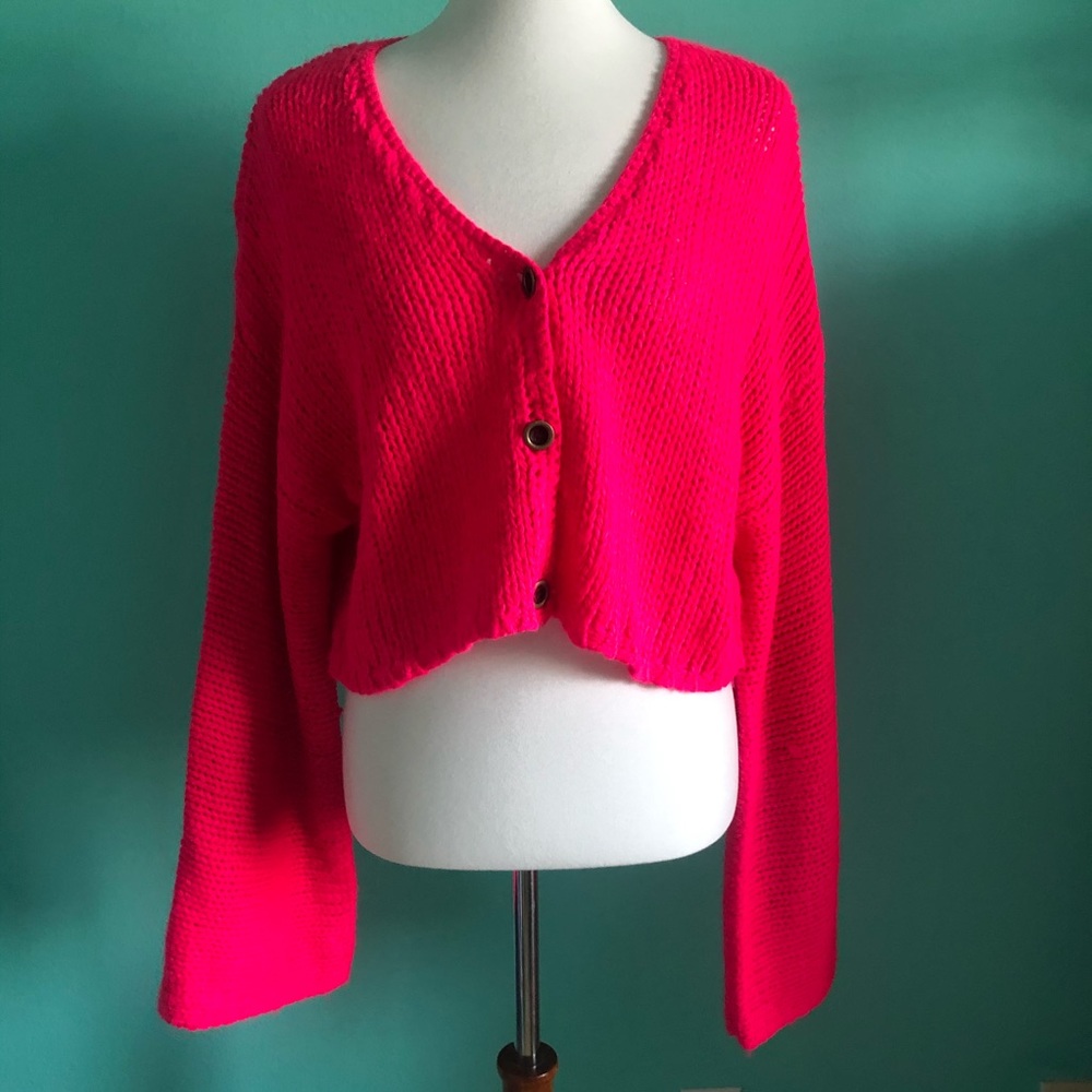 super cute chunky bell sleeve hot pink cardigan